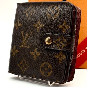 【極美品】ルイヴィトン モノグラム コンパクトジップ 折り財布 二つ折り LOUIS VUITTON ブラウン レディース 正規品 茶 ゴールド ミニ財布