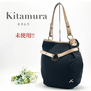 未使用 Kitamura キタムラ ショルダーバッグ ハンドバッグ ワンショルダー ブラック ベージュ 巾着 リング ロゴ ブランド レディース 