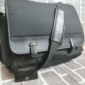 美品/A4●dunhill ダンヒル メンズ ビジネス メッセンジャーバッグ ショルダー ボディ レザー ナイロン 大容量 斜め掛け フラップ ブラック