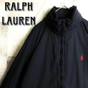 美品 現行 POLO RALPH LAUREN ポロラルフローレン 裏フリース ブルゾン 格納フード レッドポニー刺繍ロゴ ブラック 黒 M