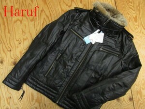 ★ハルフ Haruf★メンズ 馬革ホースハイド レザーダウンジャケット 襟ラビットファー付き★R60630030A