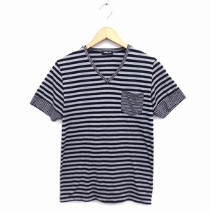 コムサイズム COMME CA ISM カットソー Tシャツ Vネック 透け感 ボーダー 半袖 M グレー 黒 ブラック /NT17 レディース