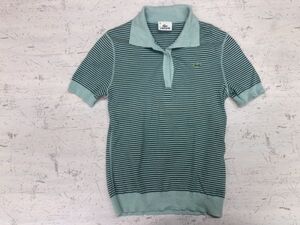 ラコステ LACOSTE レトロ トラッド 古着 スキッパー 日本製 半袖ポロシャツ レディース ボーダー ロゴ刺繍 40 ブルー