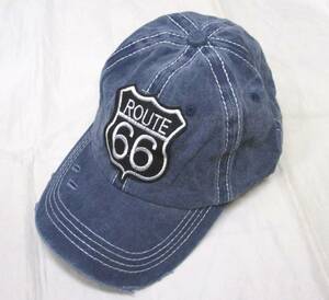 【新品・即決】 ネイビー 帽子 ルート66 ROUTE 66 ダメージ仕様 ハーレー バイク モーターサイクル 野球帽 キャップ カジュアル 男女兼用