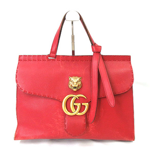 グッチ GUCCI GG マーモント タイガー ヘッド ワンハンド レザー バッグ 409155 赤レッド 手提げ かばん ☆AA★ レディース