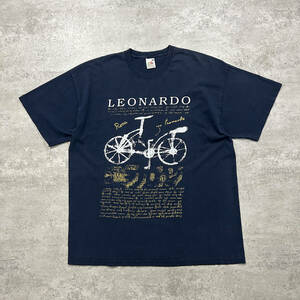 00s レオナルド・ダ・ヴィンチ 自転車 スケッチ アート Tシャツ ネイビー サイズ XL