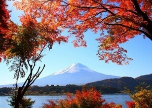 もみじ富士 紅葉と富士山 山中湖 秋景色 絵画風 壁紙ポスター 特大A1版830×585mm（はがせるシール式）014A1