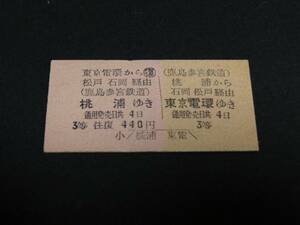 【鹿島参宮鉄道】桃浦-東京電環　往復券　3等440円　A型　無日付　桃浦駅発行