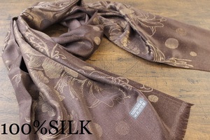 新品【シルク100% SILK】金糸織 ペイズリー 華 ドット柄 ブラウン×ゴールド 茶色×金 BROWN×GOLD 大判 ストール/スカーフ