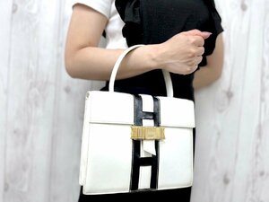 極美品 CELINE セリーヌ ヴィンテージ リボンモチーフ ハンドバッグ バッグ レザー 白×黒 73420