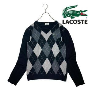 09T043☆ LACOSTE ラコステ ウール100 Vネック 長袖 ブラック アーガイルニット セーター M