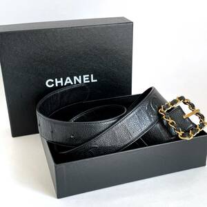 希少☆CHANEL シャネル キャビアスキン レザーベルト ココマーク 黒