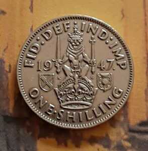 イギリス 1947年 シリング 英国コイン 本物 ライオンデザインジョージ王25mm綺麗にポリッシュされていてピカピカのコインです