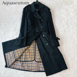 Aquascutum アクアスキュータムトレンチコート 2way ダブル ロング ベルト XL ロゴボタン ライナー チェック ブラック D管 チンストラップ