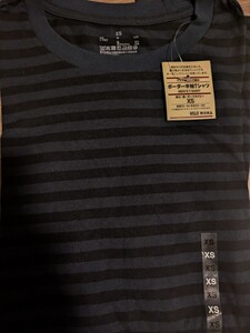 未使用/無印良品/XSサイズ　インド綿クルーネック半袖Tシャツ ボーダー/ダークネイビー黒/メンズ　紳士