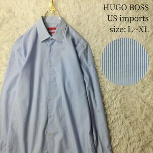 US輸入古着 HUGO BOSS 長袖シャツ ドレスシャツ ストライプ柄 ライトブルー Lサイズ XLサイズ ヒューゴボス ヘアラインストライプ