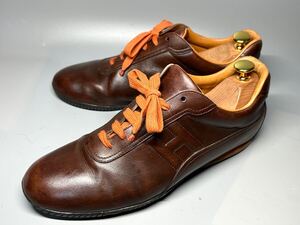 【即決】HERMES エルメス メンズ 27cm程度 42.5 スニーカー 茶色 オレンジ ブラウン 本革 レザー オシャレ 高級 くつ 靴