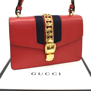 1円 ◎極美品 GUCCI グッチ シルヴィ ショルダーバッグ 肩掛け 421882 シェリーライン レザー レッド◎E.Cgp.tI-03