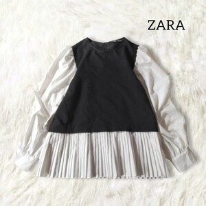 47 【ZARA】 ザラ ドッキング トップス シャツ ブラウス XS 黒 ブラック 白 ホワイト 重ね着 レイヤード 長袖 ボリュームブラウス プリーツ