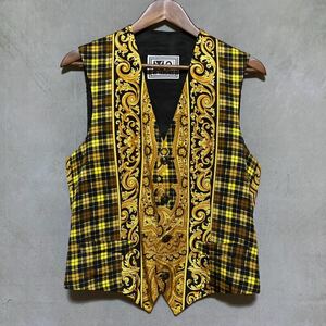 V2 by VERSACE ヴェルサーチ baroque vest コットンレーヨン 総柄 バロッコ プリント メタルボタン ジレ ベスト size.46 (M) イエロー