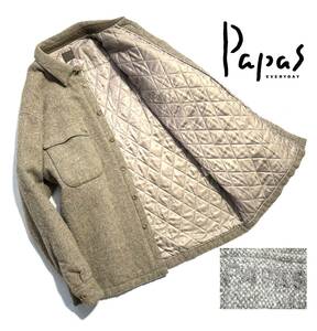 美品【定価4万超】Papas パパス ツイード シャツジャケット M (L相当) キルティング 中綿 ロゴ刺繍 レザー ウール【保温性抜群】日本製