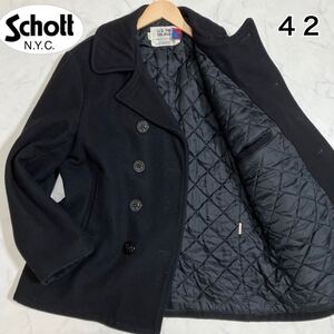 希少XL/美品◎Schott ピーコート Pコート ブルゾン ウール ショット 42 ネイビー USA製 裏地キルティング ダブル ジヤケット メンズ 濃紺