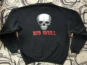 UNKNOWN 90s 80s ビンテージ オリジナル 黒ボディ BUD SKULL バッド スカル 髑髏 骸骨 レア 両面 プリント スウェット シャツ トレーナー M