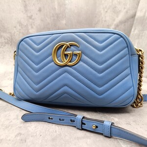 希少色 美品 GUCCI グッチ マーモント GG ライトブルー チェーンショルダーバッグ ポーチ キルティング 水色 青 カーフレザー