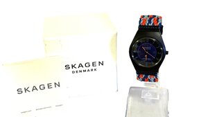 1円●新品同様●動作OK♪箱付●SKAGEN スカーゲン●腕時計 SKW6880 ソーラー●ブラック×マルチ 編み込み SS ロゴ デンマーク製