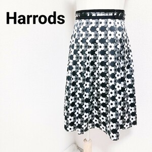 ハロッズ Harrods 美品 花柄フレアスカート ひざ丈 総柄 フェミニン 上品 華やか 黒白色 2 Mサイズ レディース