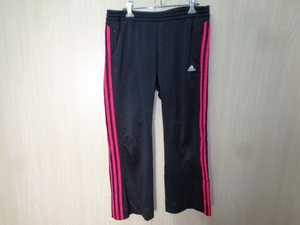 b672◆adidas トラックパンツ◆アディダス サイズL ブラック/レッド スポーツウェア イージーパンツ スリーライン 刺繍ロゴ 6F