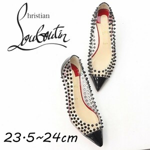 ◆Christian Louboutin クリスチャン ルブタン ビニール×エナメル スパイク スタッズ ポインテッドトゥ ヒール クリア パンプス 37 1/2