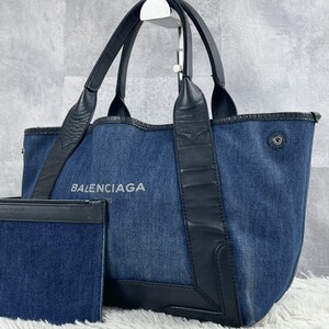 美品 BALENCIAGA バレンシアガ ネイビーカバス トートバッグ ハンド ビジネス キャンバス ロゴ型押し ホック ポーチ付き 大容量 ステッチ