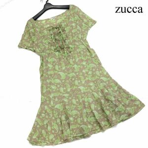 zucca ズッカ 春夏 ペイズリー 花柄 総柄♪ 半袖 レースアップ フレア ワンピース Sz.M　レディース 日本製　K3T00078_7#D