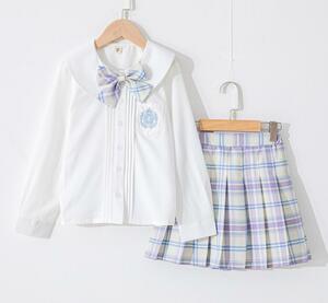 制服 2点セット セーラー服 女の子 子供服 半袖シャツ プリーツスカート 卒業式 チェック柄 キッズ JK制服 Aライン リボン付～パープル