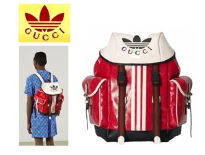 55万新品限定品◆グッチ GUCCI×adidas GGモノグラム×3ストライプ×コラボロゴ大容量バックパック 赤×白 1円