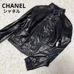 極美品　CHANEL シャネル　レザージャケット　ツイード　ココマーク　黒　34