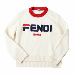 良品◎正規品 伊製 FENDI×FILA フェンディ×フィラ コラボ レディース フロントロゴ刺繍 シルク混 長袖 ニットプルオーバー アイボリー 40