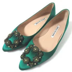 新品同様 MANOLO BLAHNIK マノロブラニク HANGISI FLAT ハンギシ ビジューモチーフ サテン フラットシューズ パンプス 35 22cm グリーン レディース 古着 中古 USED