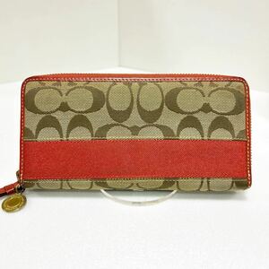 ☆良品☆ ◆COACH コーチ 40753◆　長財布　ラウンドジップ　シグネチャー　キャンバス×レザー　オレンジ 【USED】0223