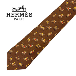 【中古】【非常に良い】HERMES ネクタイ ブランド エルメス ブラウン 乗馬柄 【剣先幅：9cm】r-hermes-t-0921-03-3