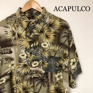 ACAPULCO /メンズ2XL アロハシャツ 半袖シャツ 総柄 ハワイアンシャツ 柄シャツ レーヨン100% 涼感 アメカジ USA古着