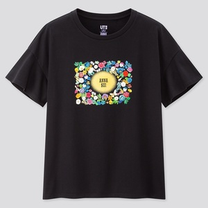 ラスト3点★ ユニクロ アナスイ Tシャツ Lサイズ 黒 ロゴ 花 蝶 ボヘミアン ボタニカル ブラック デザイナー NY 新品