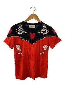 GUCCI◆バイカラースタッズTシャツ/ハート・バラ/半袖カットソー/XS/コットン/RED/434565-X3E08