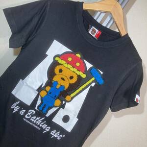 W436新品!■APEエイプ*baby milo/松本人志★黒*パイルワッペン★Tシャツ■S