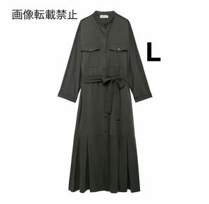 カーキ vintage ヴィンテージ レトロ ロング ワンピース Lサイズ レディース★ZARA 好きな方に★2024 A/W 秋新作 新品未使用★