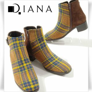 新品1円～★定価2.7万 DIANA WELL FIT ダイアナ ウェルフィット レディース 日本製 牛革ベルトデザインブーツ 22.5cm チェック ◆S1111◆