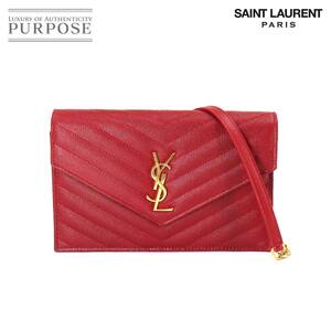 未使用 展示品 サンローラン パリ SAINT LAURENT PARIS エンベロープ チェーン ウォレット 長財布 レザー レッド 393953 90216973