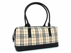 1円 ■極美品■ BURBERRY バーバリー ノバチェック キャンバス×レザー ハンドバッグ ミニボストン ベージュ系×ブラック系 FE1410