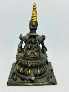 唐銅製 仏像塔 ネパール 密教 仏像 銅塗金 時代物 高12.5cm 仏教美術 銅製 チベット 唐物